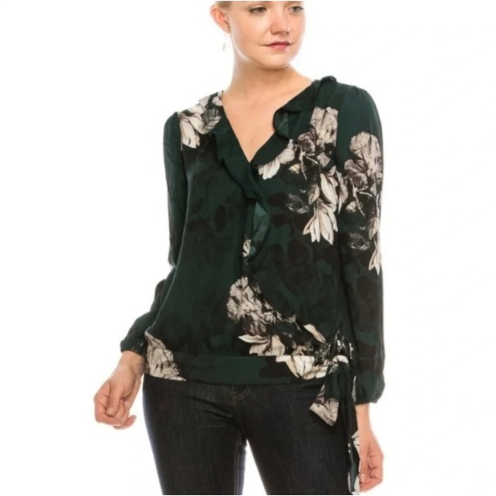 Zac & Rachel Faux Wrap Floral Top Womens Plus Size 2X Emerald Green Black Ruffle